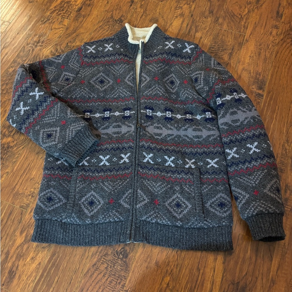 LL Bean 100% Lambswool Full Zip aztec Nordic Men’s sweater XLT mountain tall